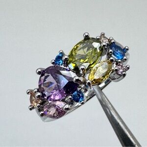 Silver Multi Color Amethyst Citrine Peridot Color Cubic Zirconia Ring Band
